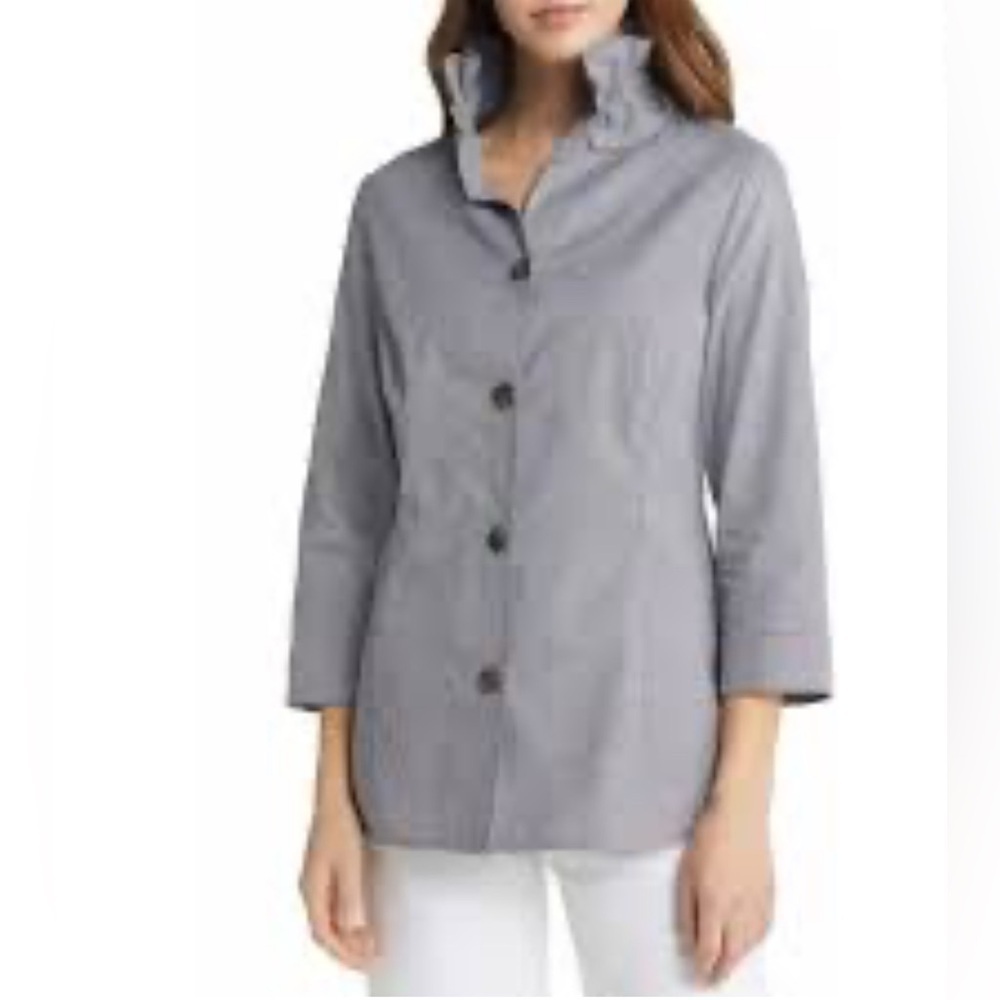 MIng Wang - Black And White Checkered Ruffle Neck Button Front Stretch Blouse S